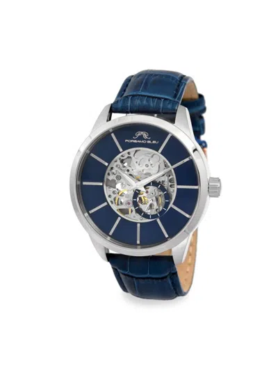 Porsamo Bleu Men's Cassius 45mm Stainless Steel & Leather Strap Automatic Watch In Sapphire