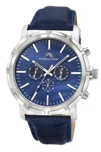 Porsamo Bleu Nyc Chrono Genuine Leather Silver Tone & Blue Men's Watch 1282anyl