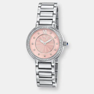 Porsamo Bleu Stella Women's Silver Tone Crystal Watch With Baby Pink Guilloche-sunray Dial In Grey