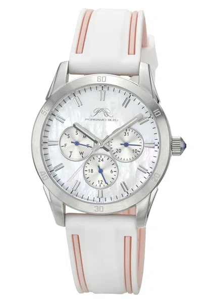 Porsamo Bleu Women's Georgie Multifunction Silicone Silver Tone, Pink And White Mop Dial Watch 1501ager