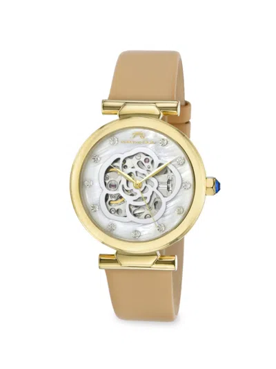 Porsamo Bleu Women's Laura 36mm Stainless Steel, Mother Of Pearl & Leather Strap Automatic Watch In Sapphire