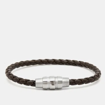 Pre-owned Porsche Design Grooves Brown Braided Leather Stainless Steel Bracelet