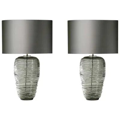 Pre-owned Porta Romana Contemporary Pair Of Grey Glass Table Lamps With Silk Lampshade In Gray