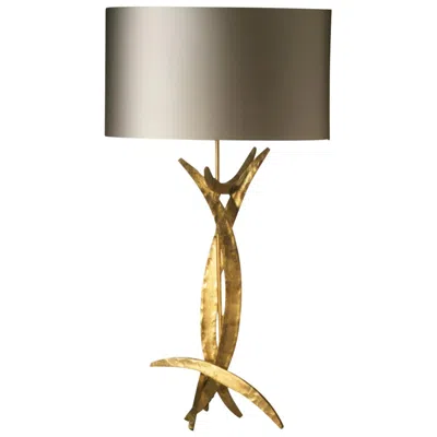 Pre-owned Porta Romana Forged Steel In Bright Gold Finish Table Lamp With Oval Silk Lamp Shade In Brown