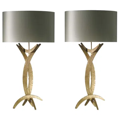 Pre-owned Porta Romana Pair Gold Finish Forged Iron Table Lamps With Oval Silk Lampshades In Gray