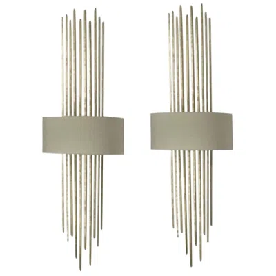 Pre-owned Porta Romana Pair Of Forged Metal In White Gold Finish With Silk Lampshade Wall Lights