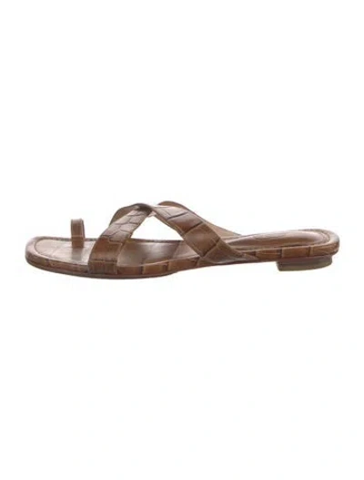 Pre-owned Porte & Paire Embossed Leather Slides In Brown