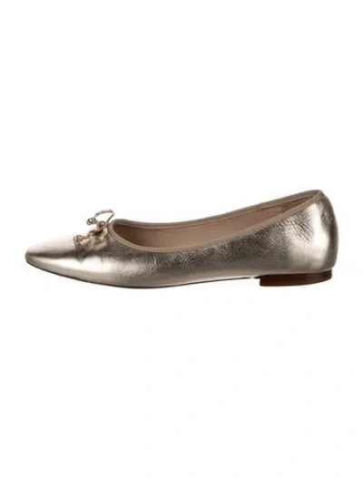 Pre-owned Porte & Paire Leather Bow Accents Ballet Flats In Gold