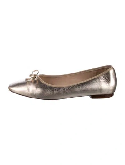 Pre-owned Porte & Paire Leather Bow Accents Ballet Flats In Gold