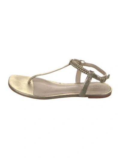 Pre-owned Porte & Paire Leather T-strap Sandals In Gold