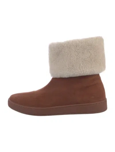 Pre-owned Porte & Paire Suede Fur Trim Slouch Boots In Brown