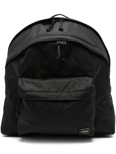 PORTER BLACK RIPSTOP TEXTURE MEN'S BACKPACK WITH MULTIPLE COMPARTMENTS AND LOGO PATCH