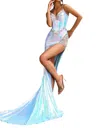 Portia And Scarlett Bejeweled V-neckline High Slit Gown In Blue In Multi