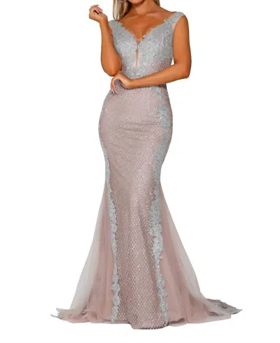 Portia And Scarlett Cap Sleeve Glitter Appliqued Mermaid Gown In Silver Nude In Gray