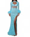 Portia And Scarlett Corset Cutout Sequin Evening Gown In Aqua In Blue