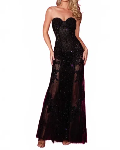 Portia And Scarlett Crystals Embellished Strapless Mermaid Gown In Black