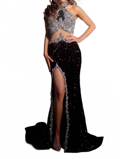 Portia And Scarlett Halterneck Gown With High-slit In Black