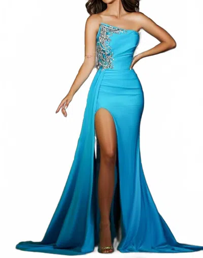 Portia And Scarlett Jeweled Asymmetrical Prom Gown In Blue Turquoise