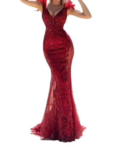 Portia And Scarlett Feather Straps Embroidered Illusion Dress In Dark Red