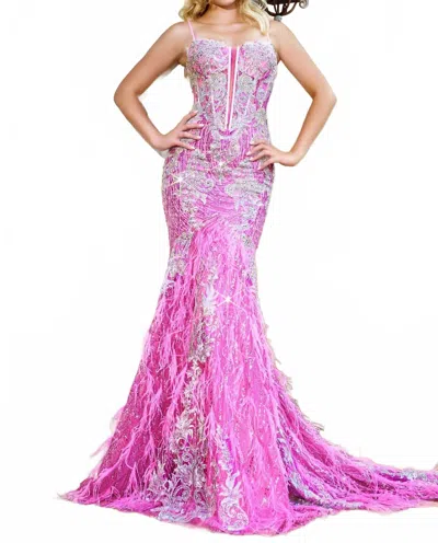 PORTIA AND SCARLETT FEATHERED MERMAID GOWN IN PINK/MULTI