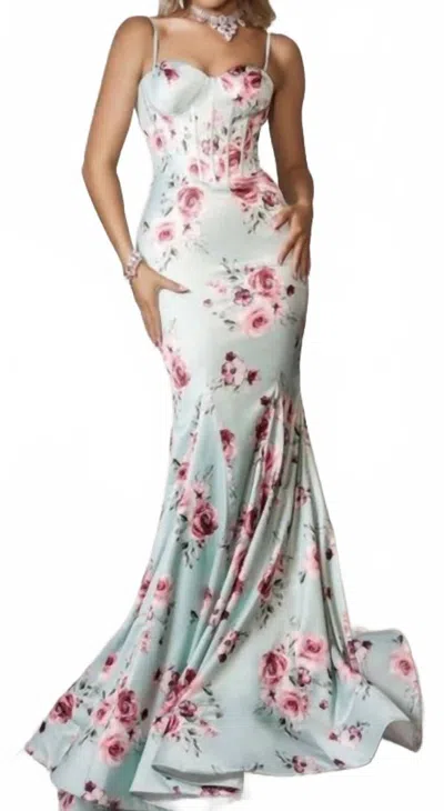 Portia And Scarlett Floral Corset Gown In Mint Multi In Gray
