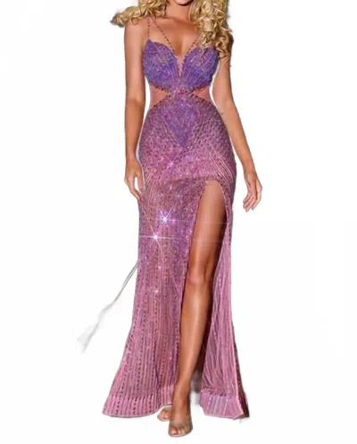 Portia And Scarlett Fully Beaded Evening Gown In Hot Pink/purple