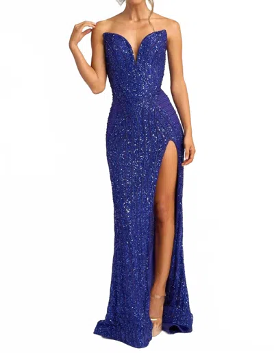 Portia And Scarlett Fully Embellished Strapless Dress With Slit In Cobalt In Blue