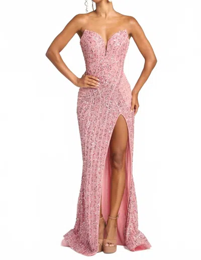 Portia And Scarlett Fully Embellished Strapless Dress With Slit In Pink