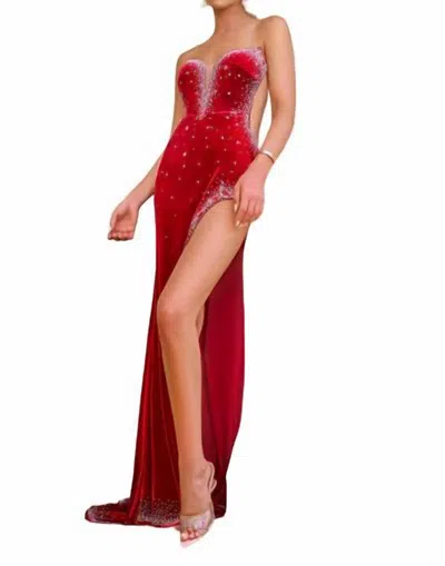 Portia And Scarlett Lace Beaded Evening Gown In Red