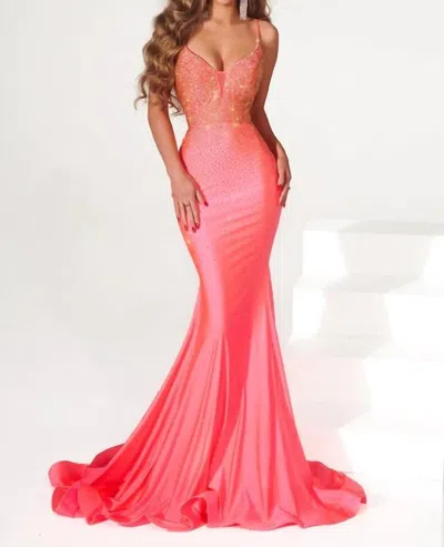 Portia And Scarlett Jeweled Cutout Back Prom Dress In Peach Coral In Pink