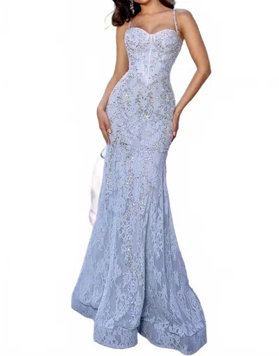 Portia And Scarlett Lace And Crystal Mermaid Gown In Cinder Blue