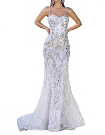 Portia And Scarlett Lace And Crystal Mermaid Gown In Ivory/silver In White