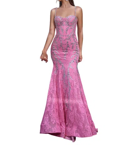 Portia And Scarlett Lace And Crystal Mermaid Gown In Pink/silver In Multi