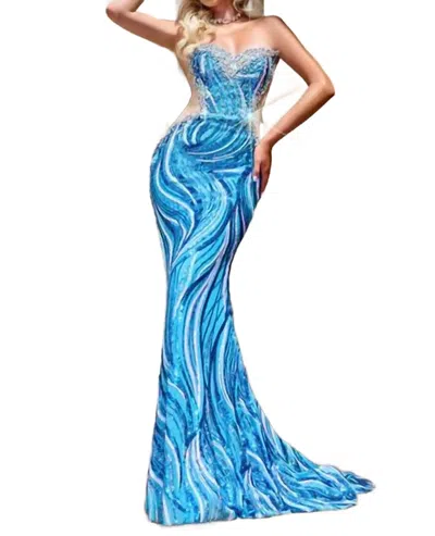 Portia And Scarlett Lace Beaded Mermaid Gown In Blue Multi