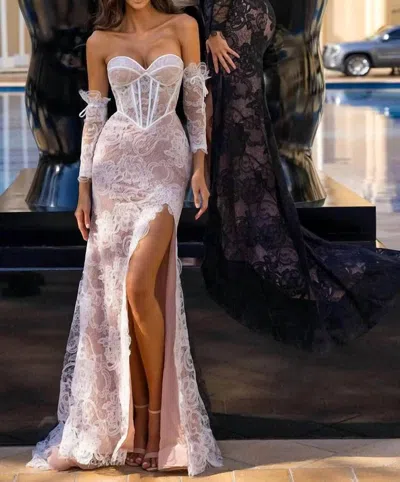 Portia And Scarlett Lace Corset Prom Gown In White In Multi