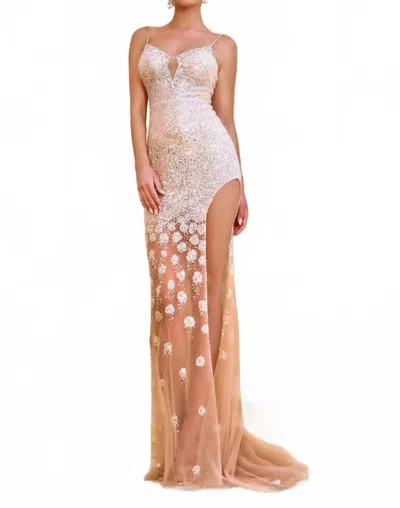 Portia And Scarlett Long Beaded Fitted Column Dress In Champagne In Multi