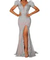 Portia And Scarlett Long Fitted Column Gown In Silver/nude In Silver