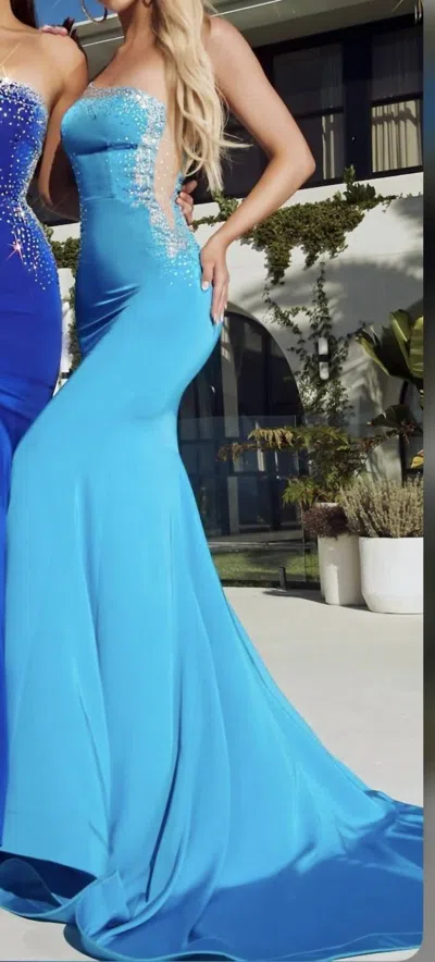 Portia And Scarlett One Shoulder Mesh Side Beaded Gown In Blue