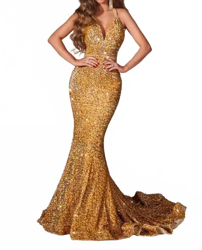 Portia And Scarlett Open Back Sequin Prom Dress In Gold