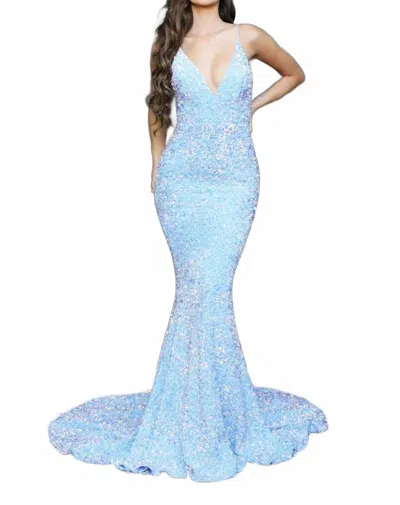 Portia And Scarlett Plunging Spaghetti Strap Gown In Blue