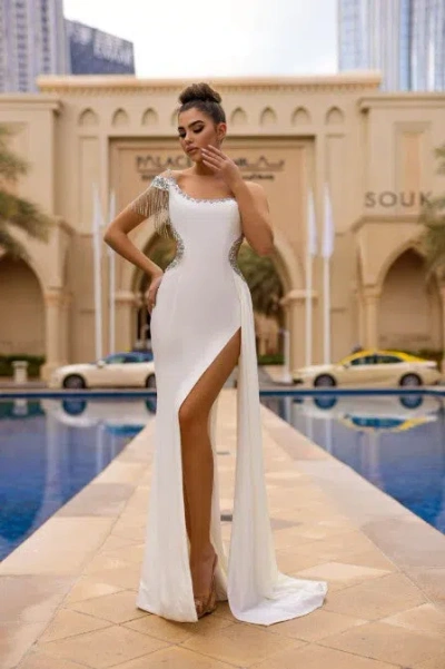 Portia And Scarlett Ps23030 Long One Shoulder Velvet Prom Dress In White