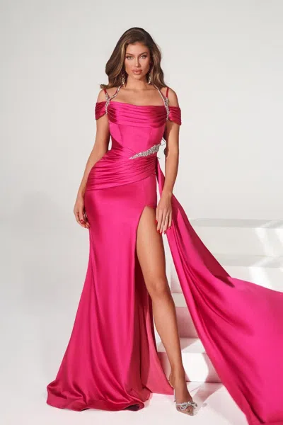 Portia And Scarlett Ps23046 Long Off Shoulder Prom Dress In Pink