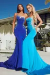 Portia And Scarlett Ps23345 Long One Shoulder Fitted Prom Dress In Blue