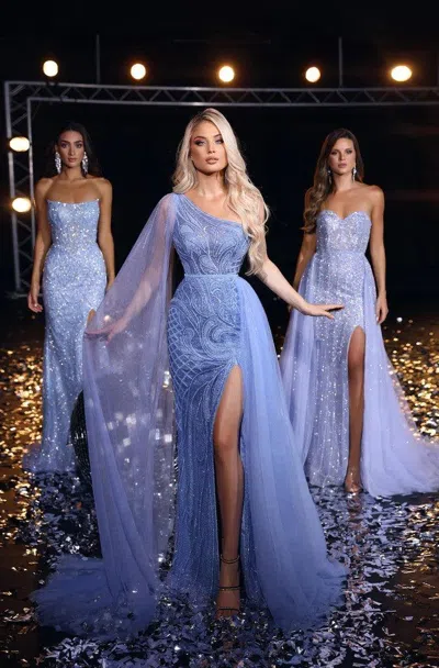 Portia And Scarlett Ps23960 Long One Shoulder Beaded Prom Gown In Blue