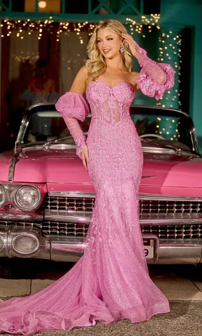 Portia And Scarlett Ps24144 Long Mermaid Formal Applique Prom Dress In Pink