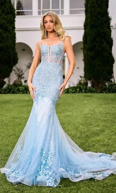 Portia And Scarlett Ps24252 Fitted Long Beaded Formal Prom Dress In Blue