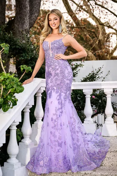 Portia And Scarlett Ps24295 Long Formal Sequin Applique Prom Dress In Purple