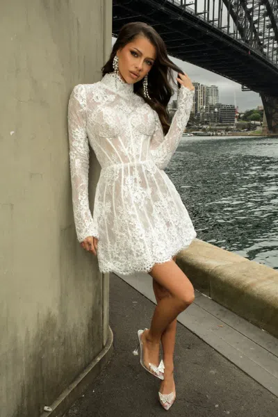 Portia And Scarlett Ps24424 Short A Line Long Sleeve Cocktail Dress In White