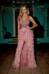 Portia And Scarlett Ps24856c Feathered Skirt Long Prom Dress In Pink