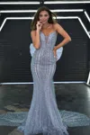 Portia And Scarlett Ps24940e Long Beaded Fitted Formal Prom Dress In Silver